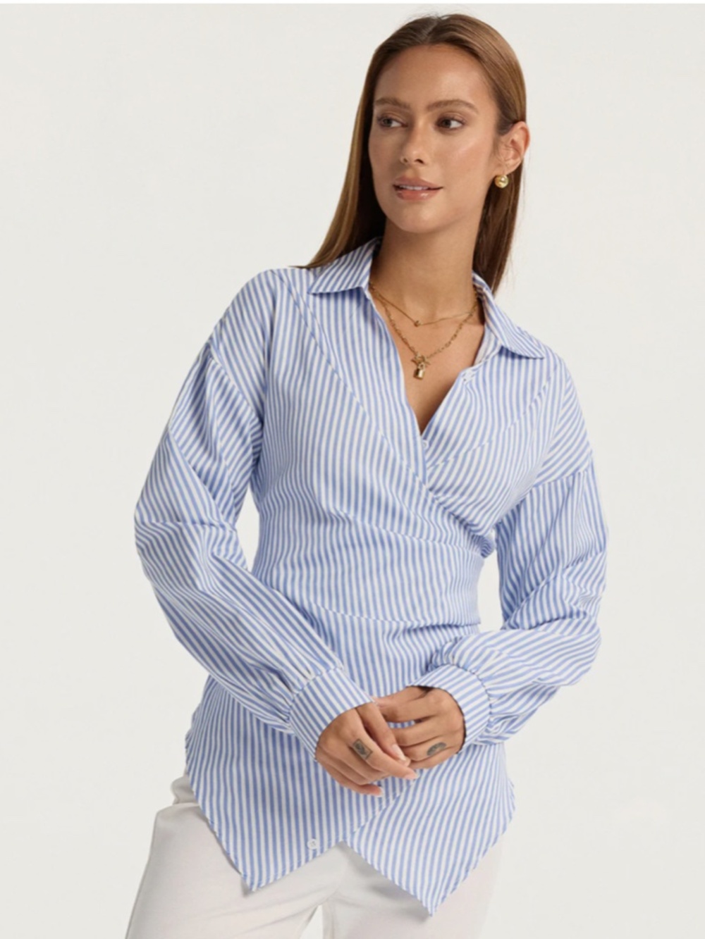 NEW Commense Striped Blue & White Blouse wrap look w/ bow tie back Medium
